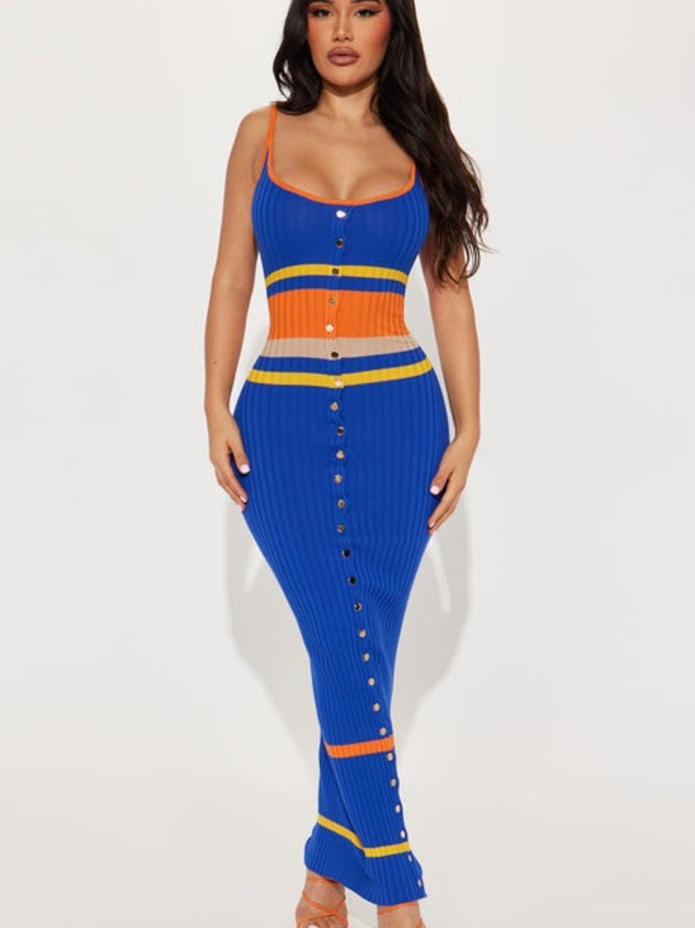 Women’s Blue Ribbed Maxi Skirt with Orange & Yellow Stripes
